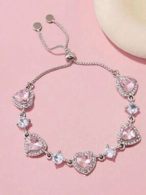 Sterling Silver Heart Bracelet with Pink Crystals